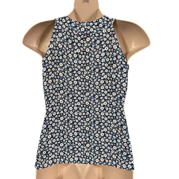 NEW!  7th‎ Avenue Design Studio New York & Company Large Navy Blue Floral Blouse - Picture 2 of 12